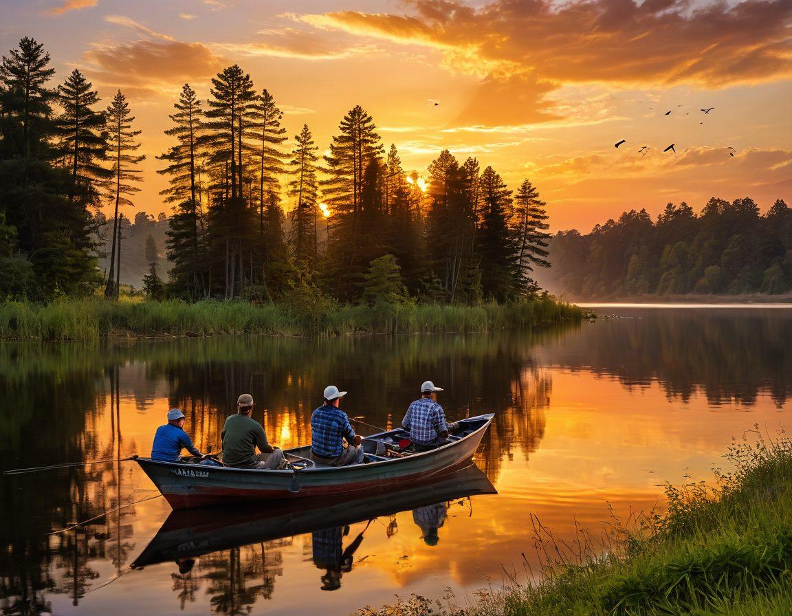 A picturesque lakeside scene depicting a diverse group of people fishing together, sharing stories and laughter. Include fishing gear, boats, and a sunset reflecting on the water, creating a warm and inviting atmosphere. Add elements like birds flying and lush greenery in the background to enhance the sense of community and adventure. vibrant colors. super-realistic.