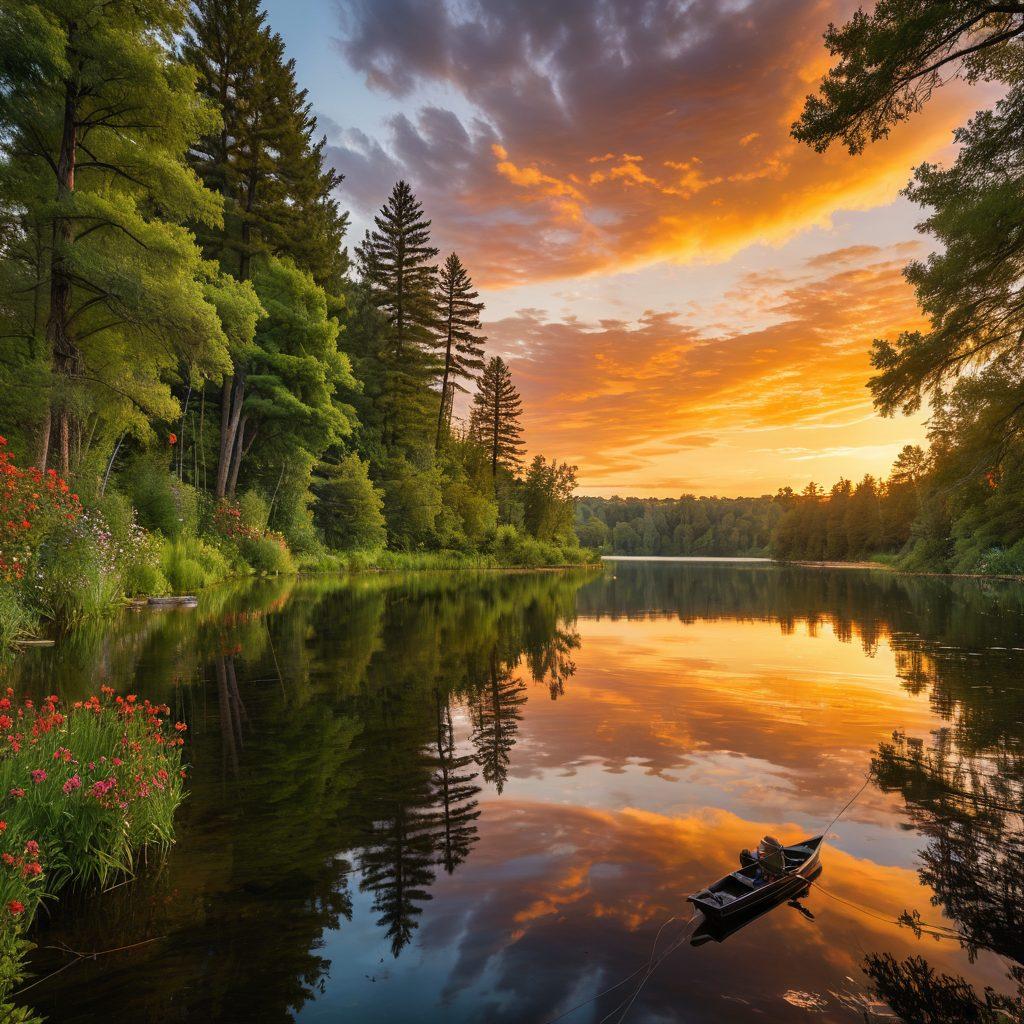 A serene lakeside scene with a person casting their fishing line, surrounded by lush green trees and vibrant wildflowers. Include a beautiful sunset reflecting on the water, enhancing the tranquil atmosphere. Display various fishing gear like tackle boxes and rods scattered nearby, conveying an engaging angling experience. super-realistic. vibrant colors. peaceful ambiance.
