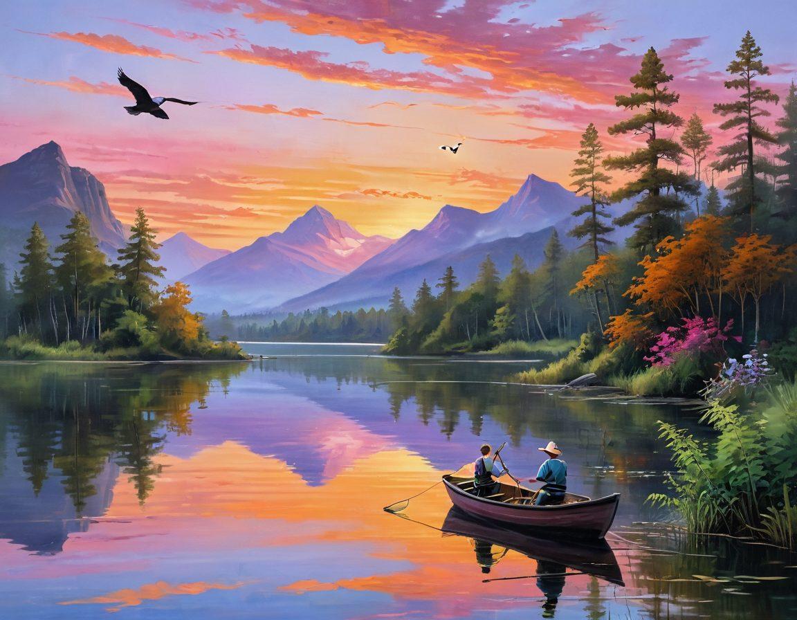 A serene lakeside scene showcasing a joyful fisherman casting a line into calm waters, surrounded by vibrant greenery and a picturesque sunset. Include a small wooden boat gently bobbing on the water, with birds flying in the sky and a distant mountain range. Capture the essence of relaxation and adventure in fishing. vibrant colors. painting.